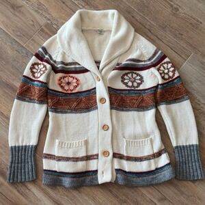 Miss K Vintage Southwestern Shawl Collar Cardigan Sweater Cream M Button Missing